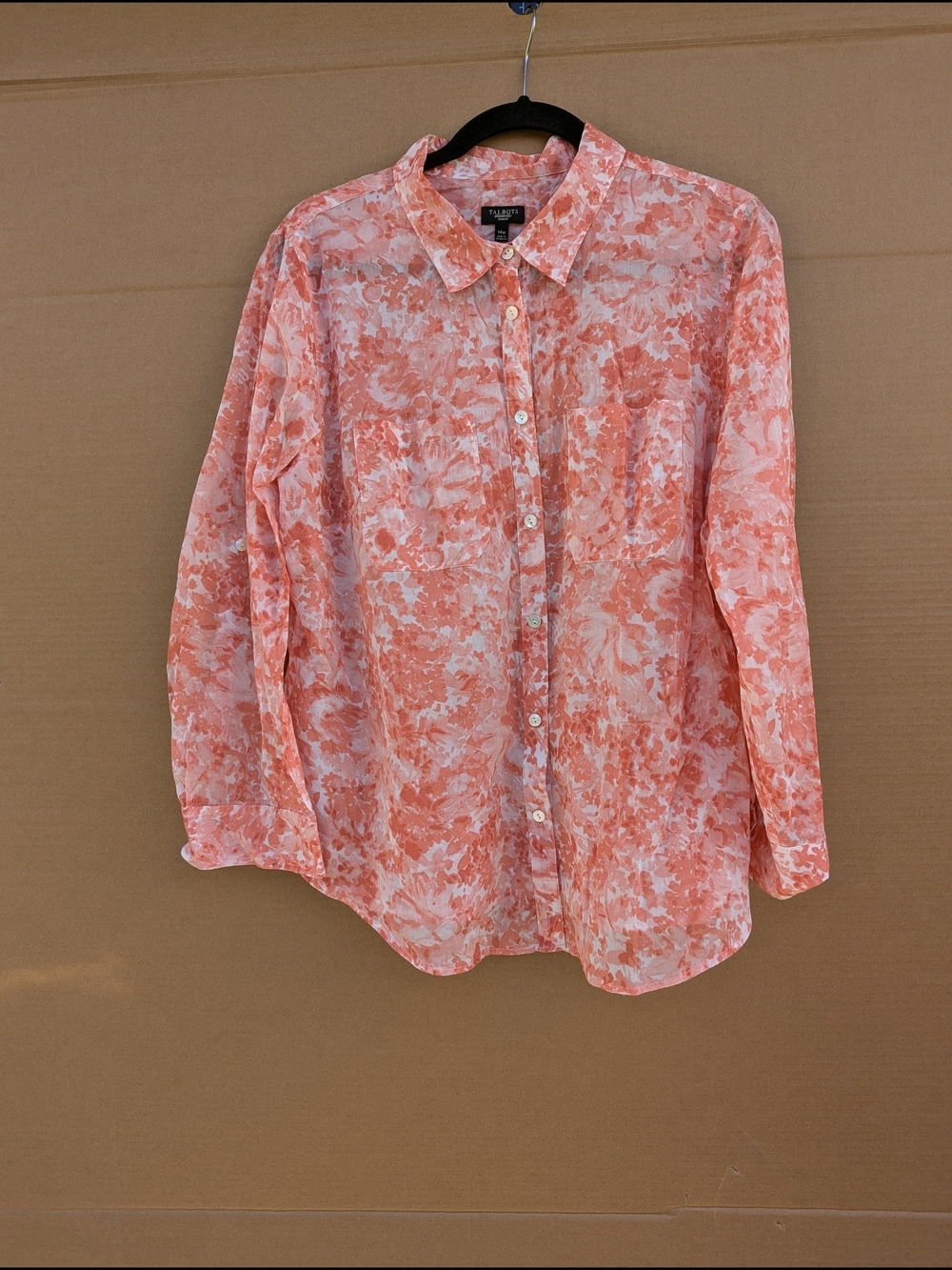 Talbots Floral Sheer Linen Cotton Voile Utility Button Up Blouse 14W Pink Coral